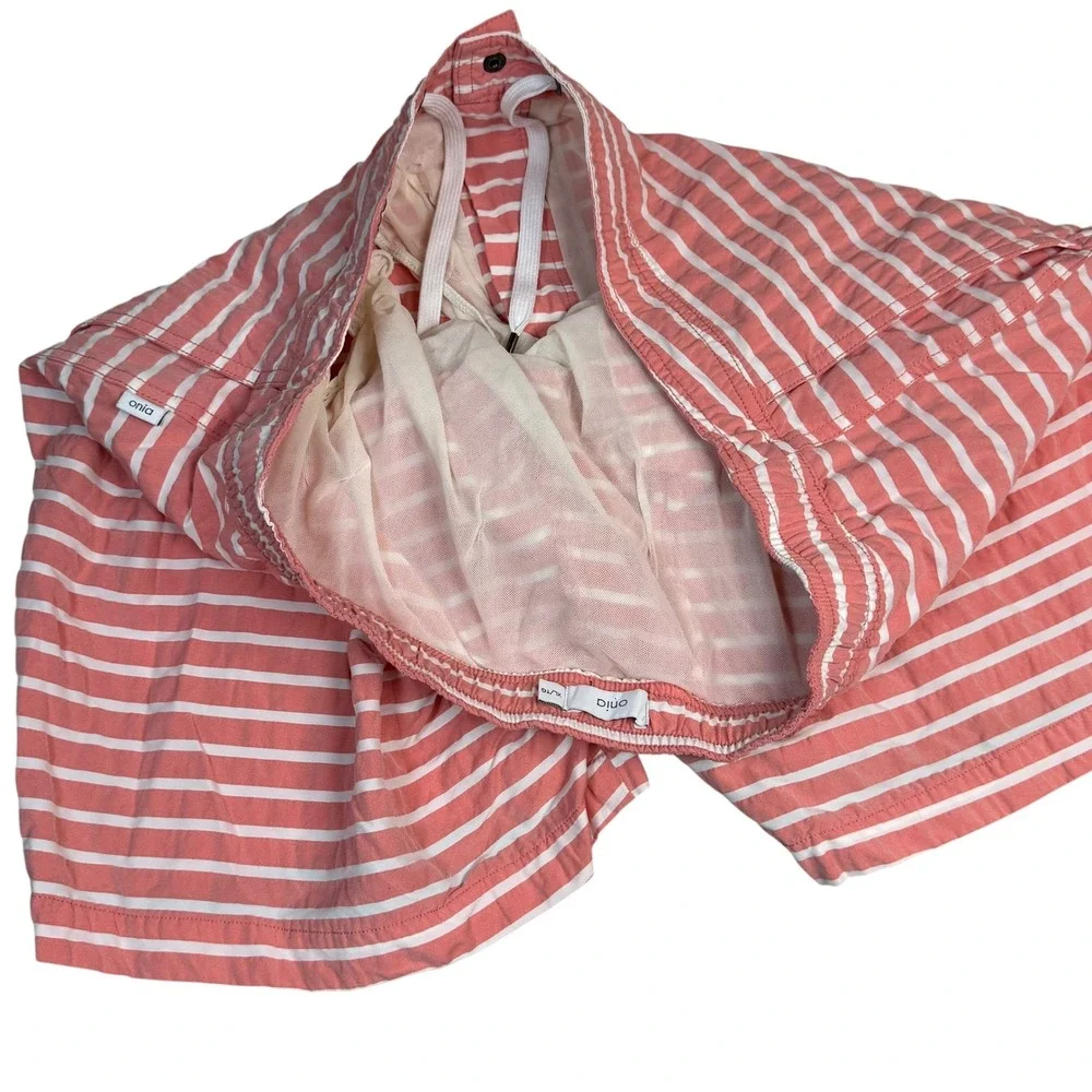 Onia The Calder Mens Red White Striped Swim Trunks XL 7 Inseam Board Shorts